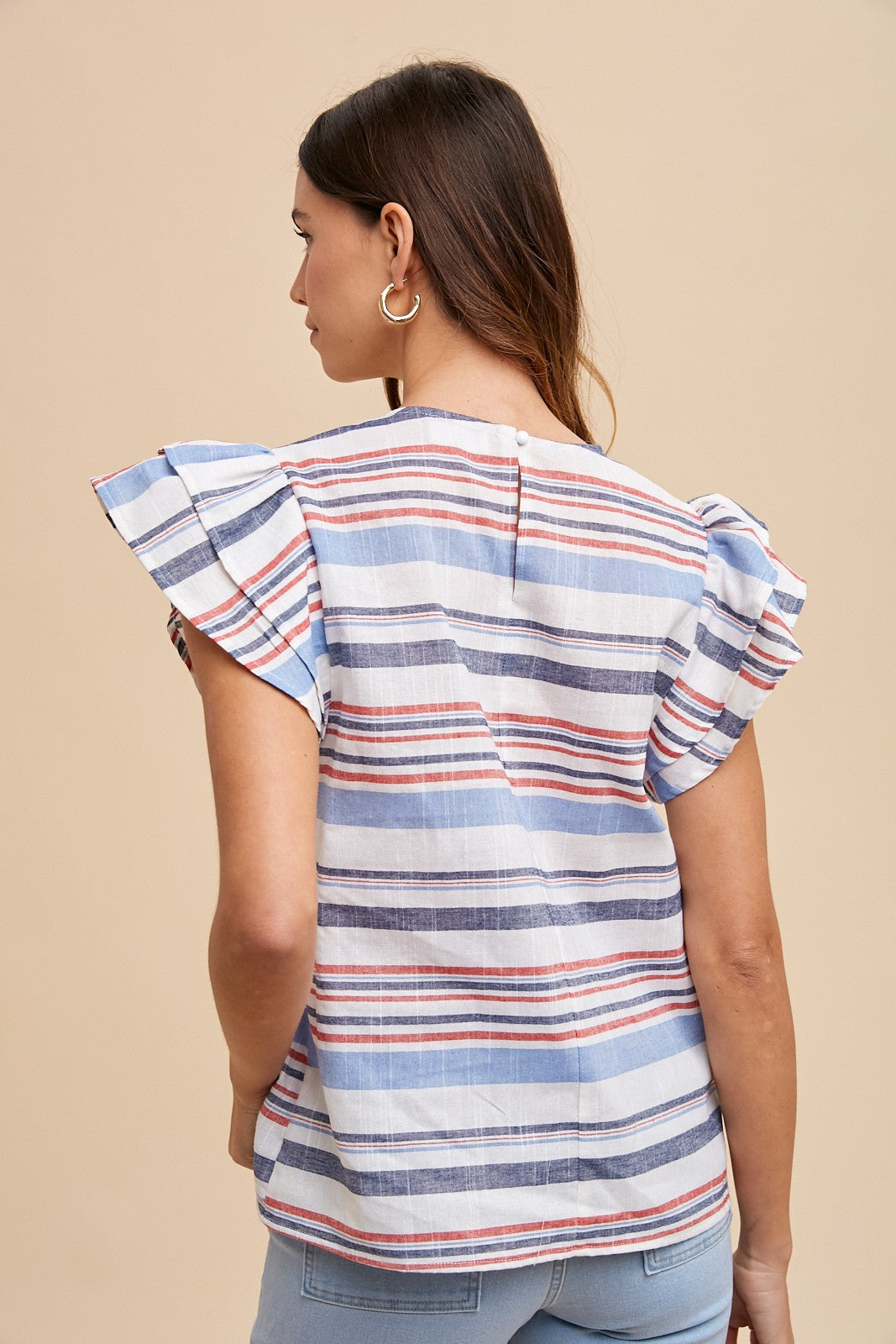 Red White And Blue Striped Ruffle Sleeve Top
