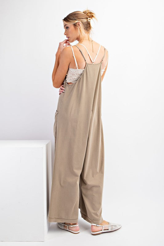 Mineral Washed Cotton Span Jumpsuit - Light Mocha