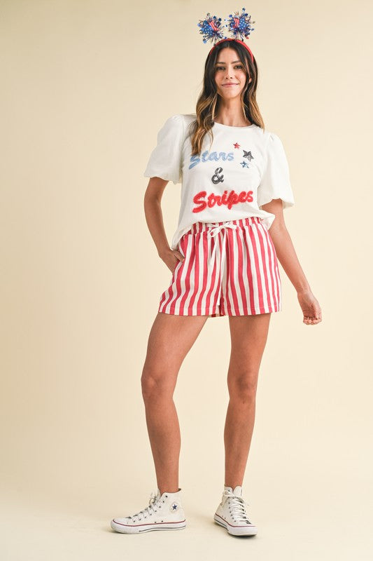 4th of July Striped Cotton Twill Mini Shorts - Red
