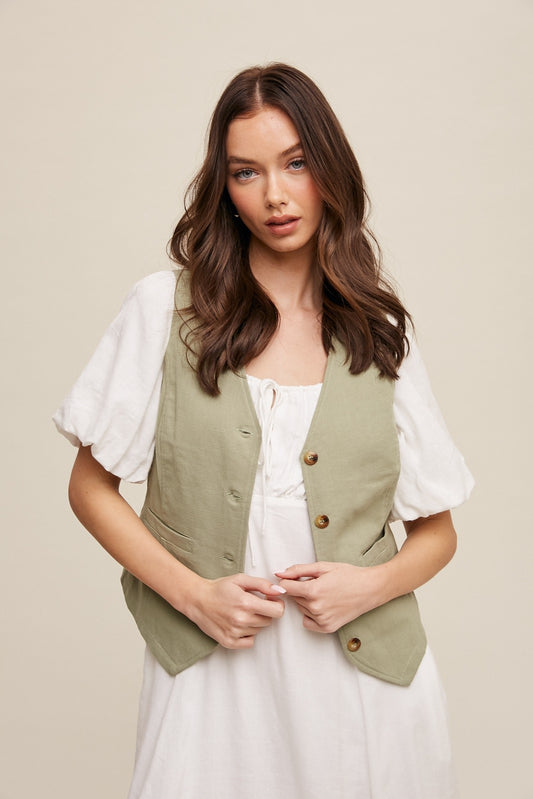Fitted Linen Vest with Pockets