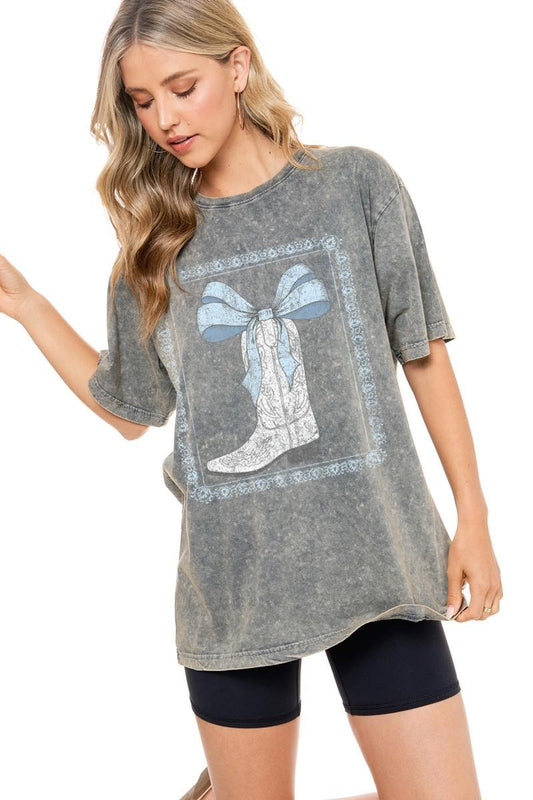 Cowboy Boot Bow Coquette Graphic Washed Boyfriend Tee - Denim