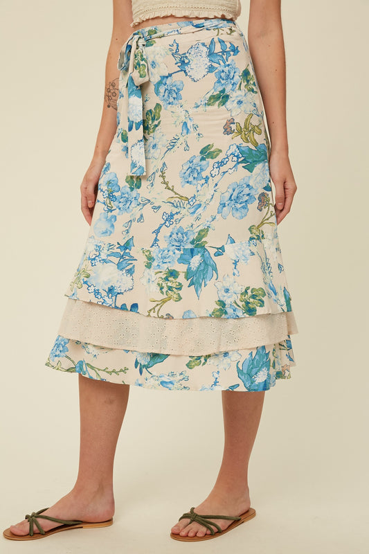Floral Printed Layered Midi Skirt