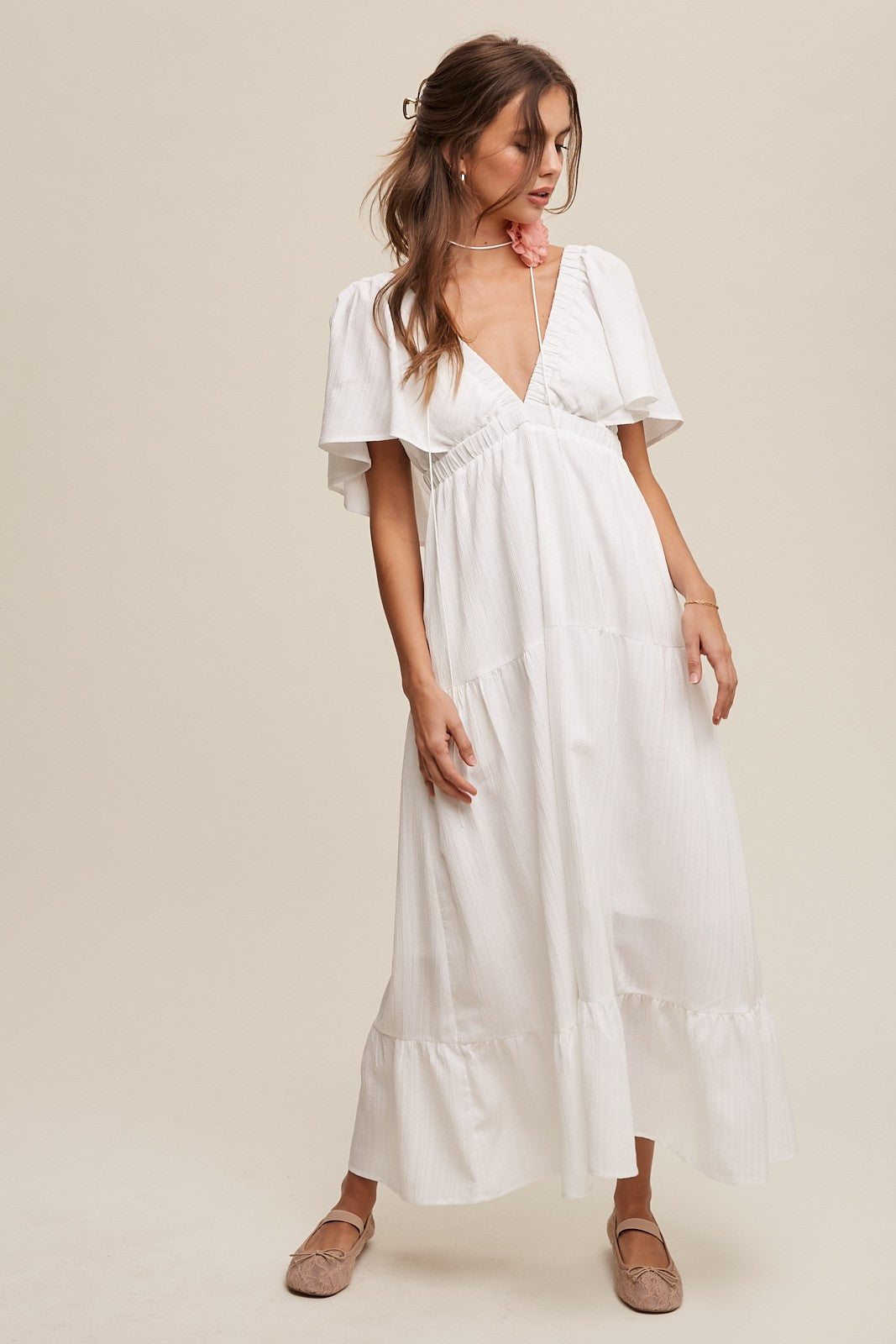 V neck Ruffle Sleeve Flowy Dress Cream