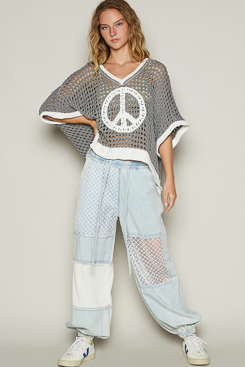 Oversize Short Sleeve Peace Sign Sweater - Grey/Ivory