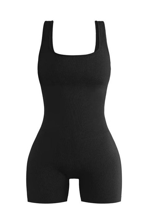 One Piece Ribbed Seamless Romper - Black
