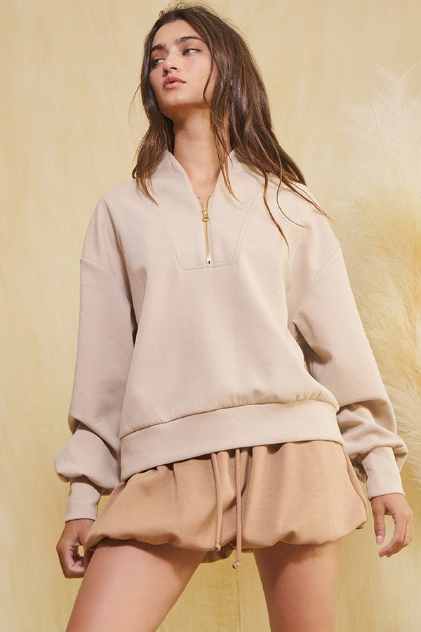 Half Zip-up Scuba Sweatshirt - Taupe