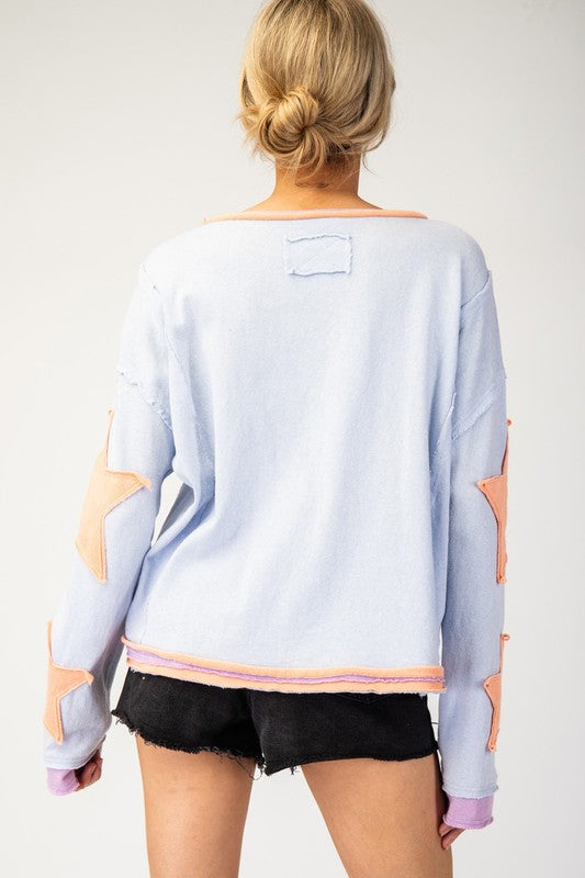 Mineral Washed Star Embroidered Top - Perwinkle