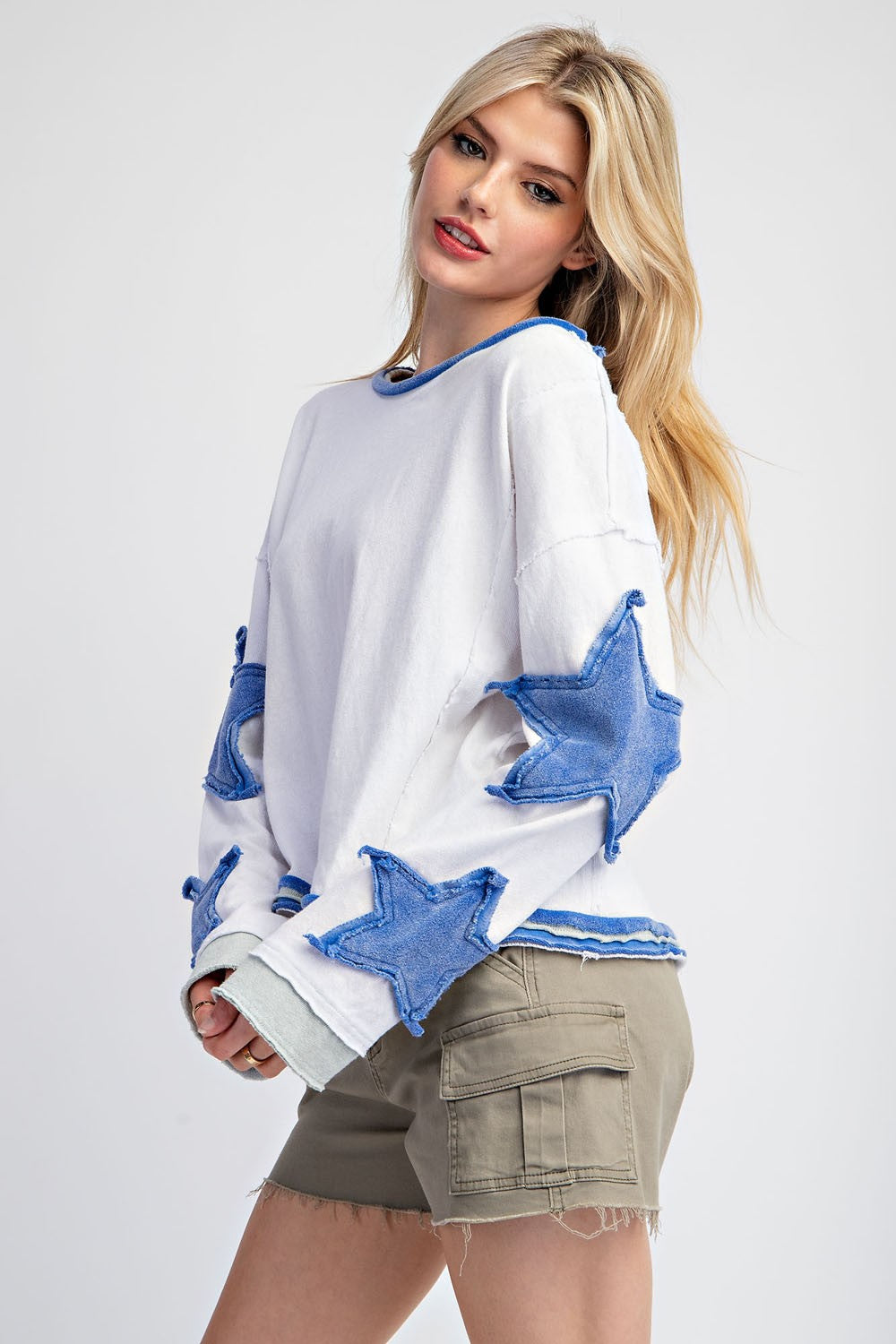 Mineral Washed Star Embroidered Top - Blue