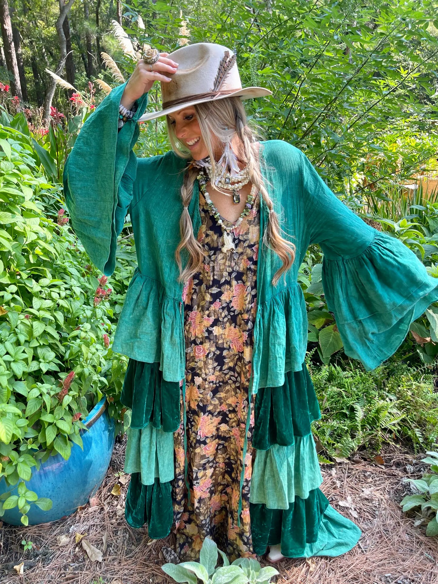 Emerald Ruffle Velvet Duster