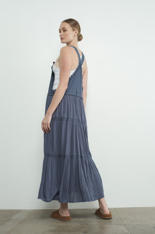 Mix Media Overall Dress with Lace - Navy