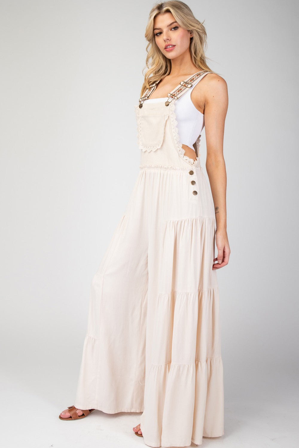 Lace Trim Tiered Jumpsuit - Oatmeal