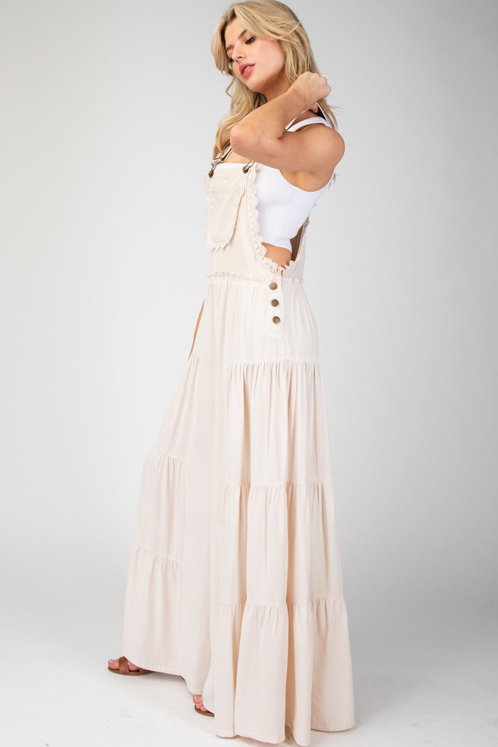 Lace Trim Tiered Jumpsuit - Oatmeal