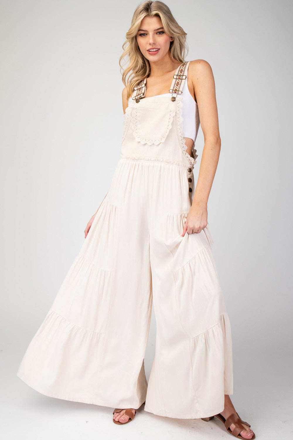 Lace Trim Tiered Jumpsuit - Oatmeal