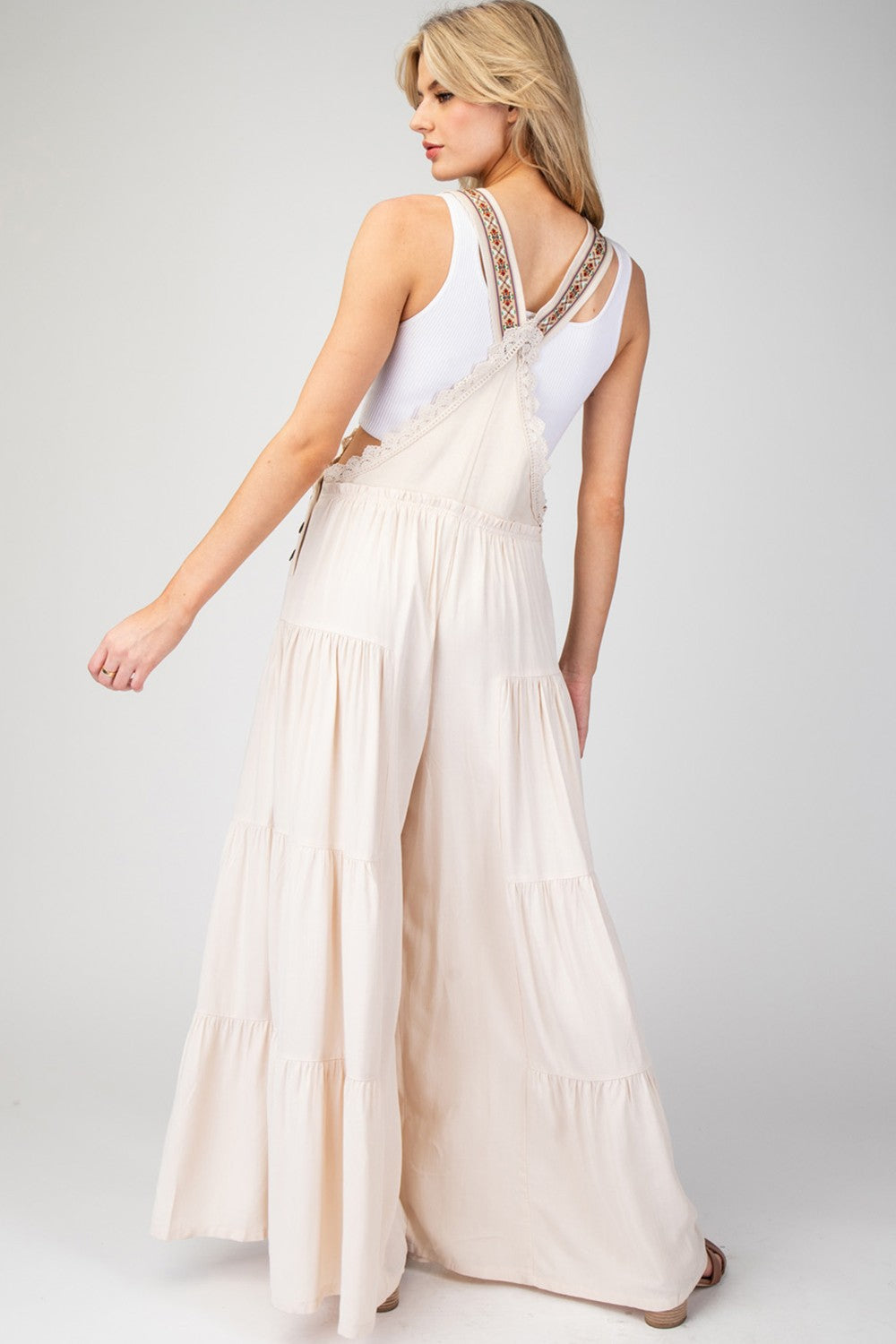 Lace Trim Tiered Jumpsuit - Oatmeal