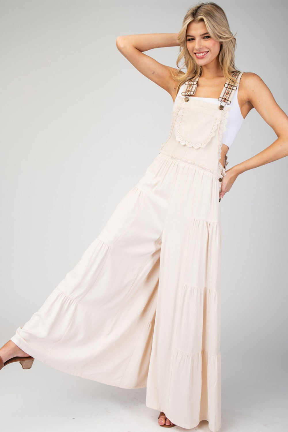 Lace Trim Tiered Jumpsuit - Oatmeal