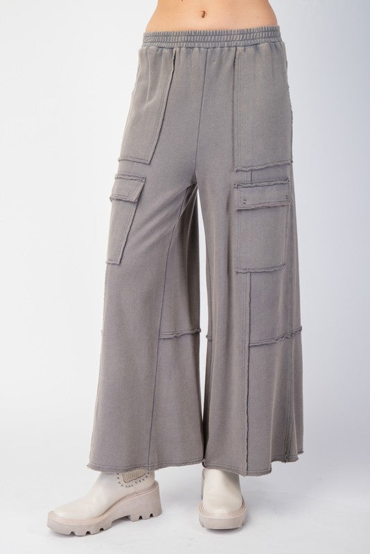 Mineral Washed Wide Leg Cargo Pants - Slate Grey