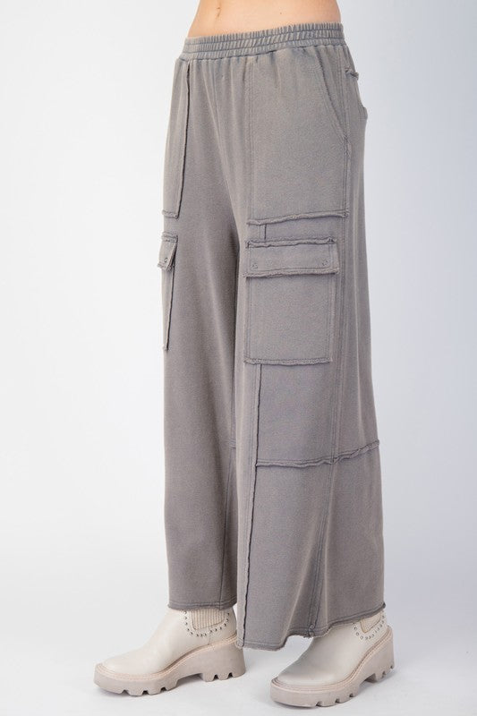 Mineral Washed Wide Leg Cargo Pants - Slate Grey