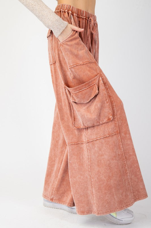 Mineral Washed Terry Knit Cargo Pocket Pants - Rust