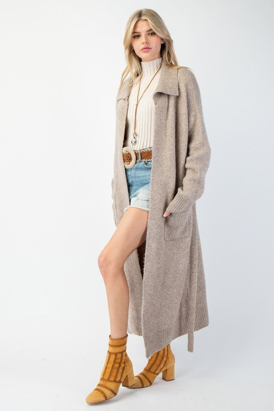 Tie Waist Maxi Knit Cardigan - Khaki