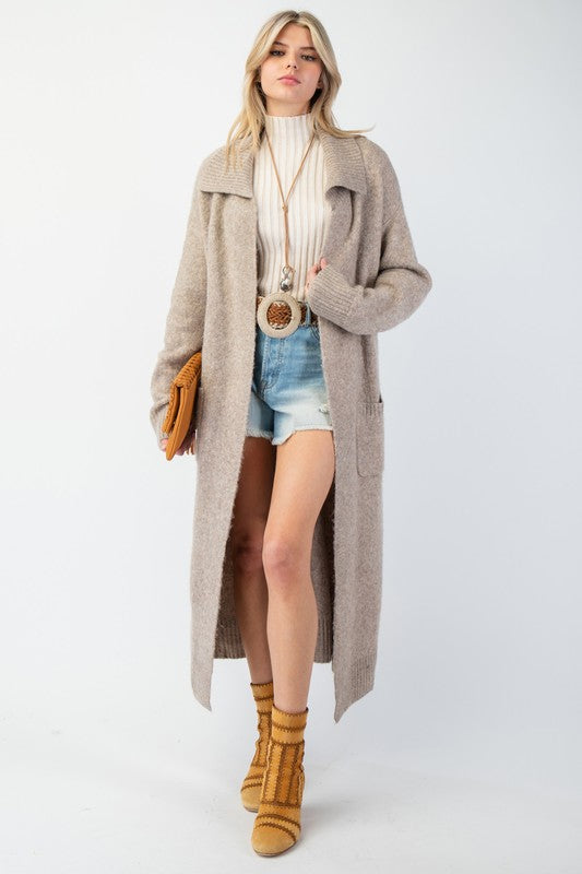 Tie Waist Maxi Knit Cardigan - Khaki