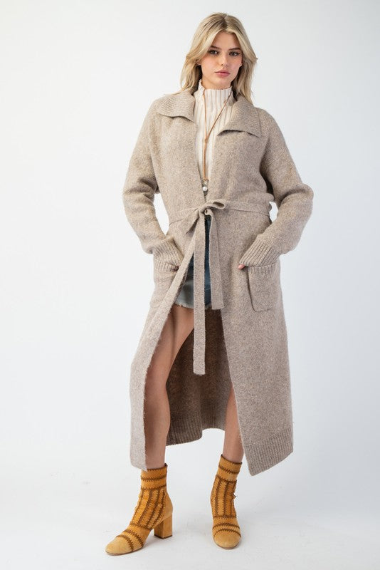 Tie Waist Maxi Knit Cardigan - Khaki