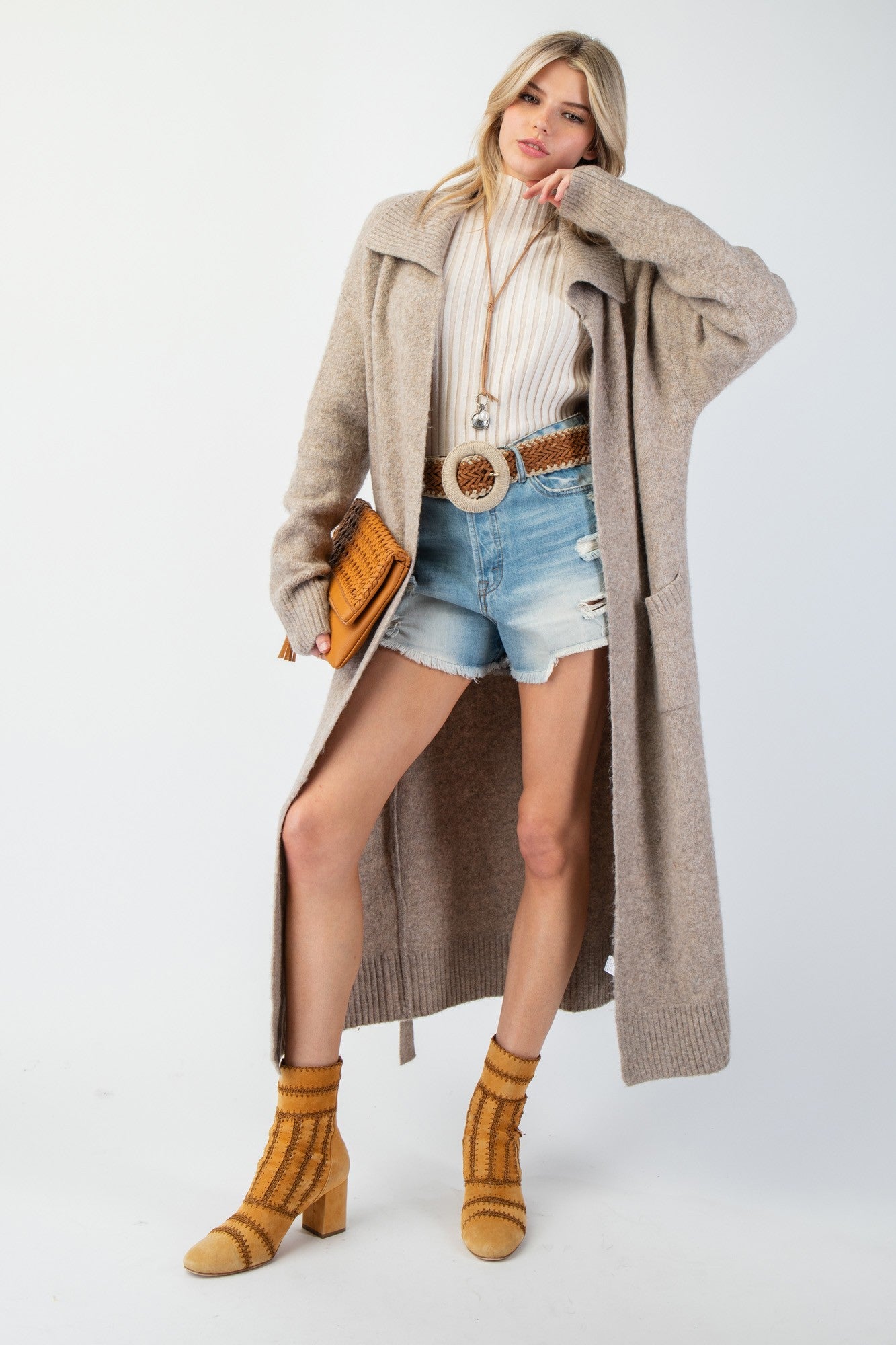 Tie Waist Maxi Knit Cardigan - Khaki