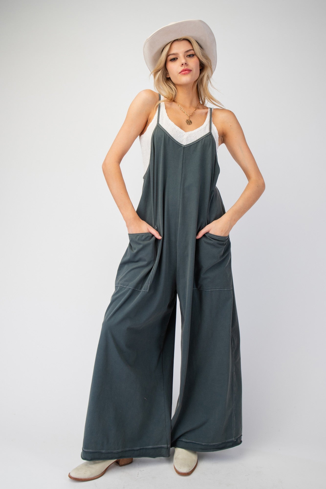 Mineral Washed Cotton Span Jumpsuit - Ash