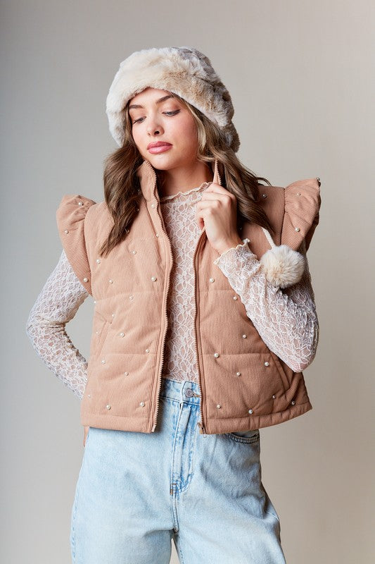 Pearl-Embellished Corduroy Puffer Vest