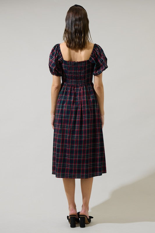 Arvada Plaid Puff Sleeve Midi Dress - Navy