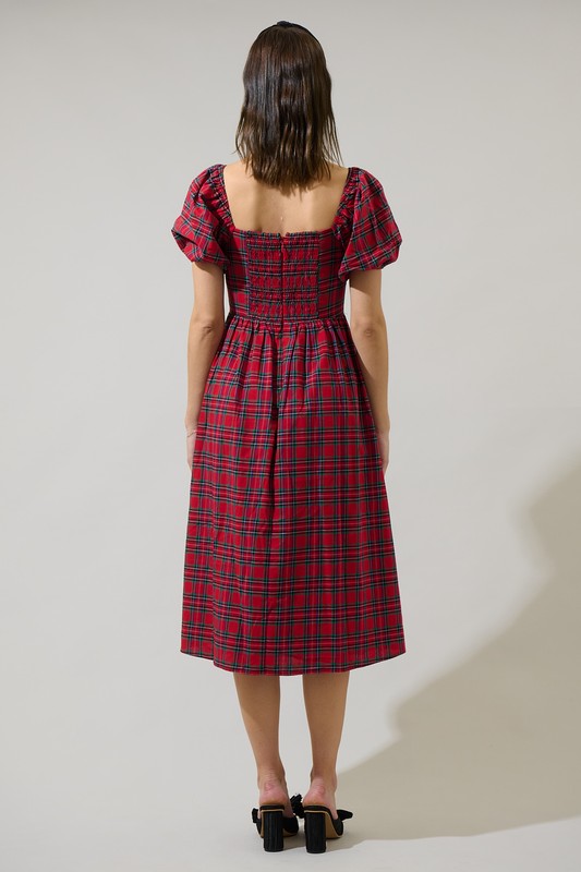 Arvada Plaid Alessi Puff Sleeve Midi Dress - Red