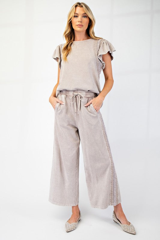 Crochet Lace Trim Mineral Washed Terry Knit Pants - Mushroom