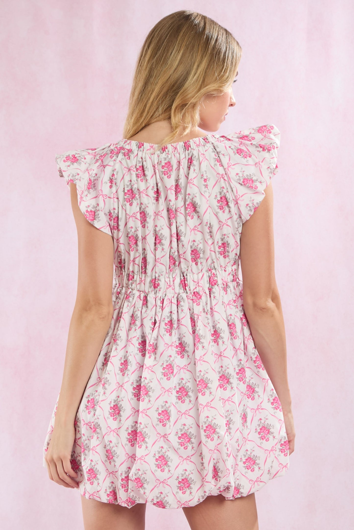 Floral & Bow V-Neck Bubble Hem Mini Dress