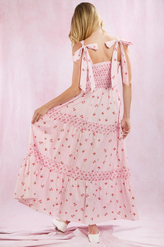 Mixed Floral Print Tie Shoulder Maxi Dress