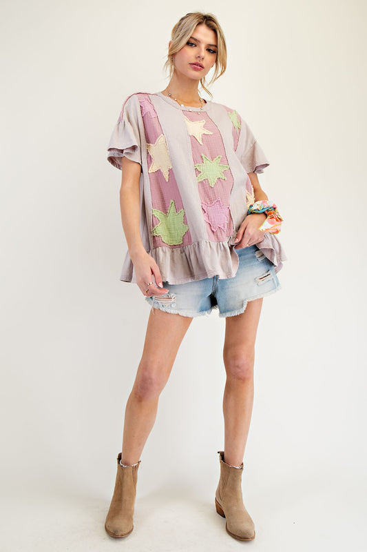 Star Patch Ruffled Babydoll Top - Grey