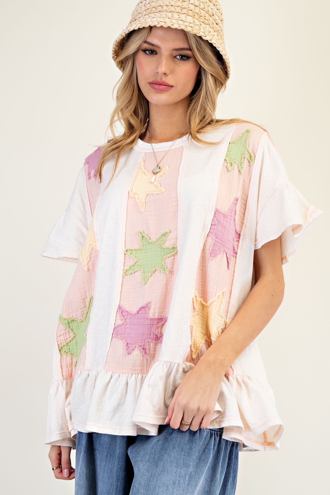 Star Patch Ruffled Babydoll Top - Ivory