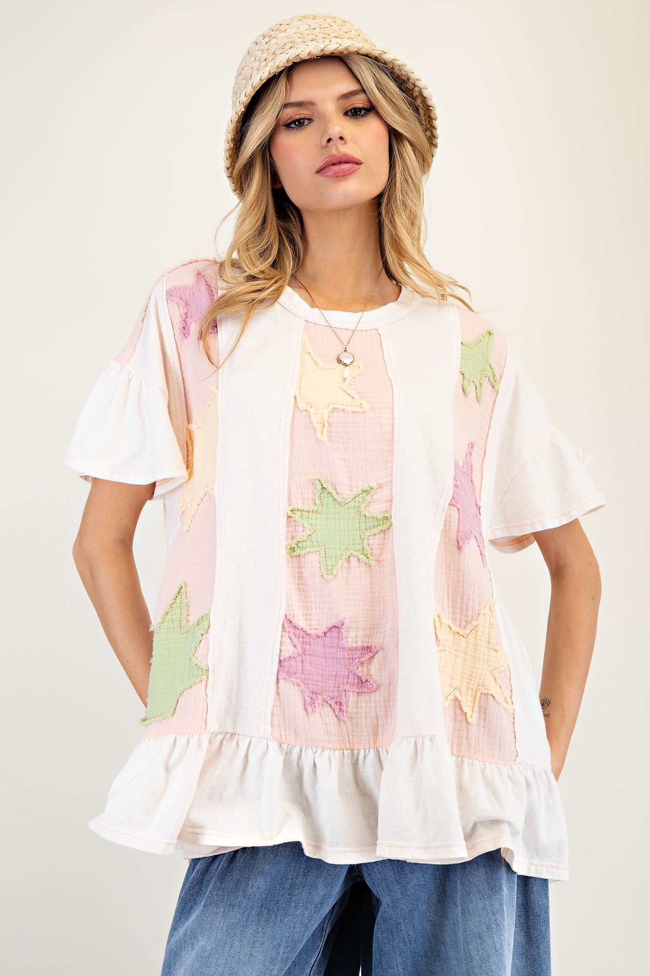 Star Patch Ruffled Babydoll Top - Ivory