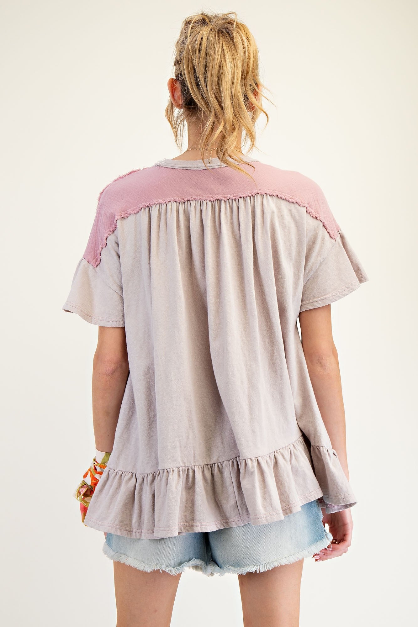 Star Patch Ruffled Babydoll Top - Grey