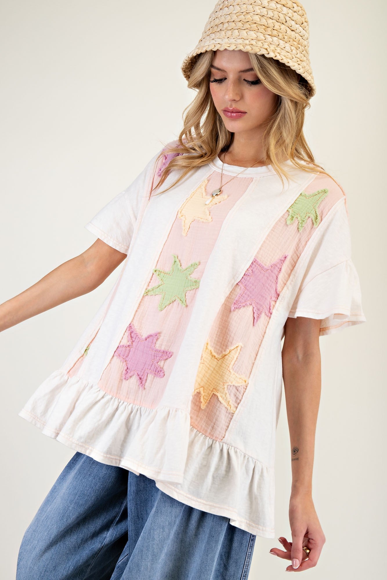 Star Patch Ruffled Babydoll Top - Ivory
