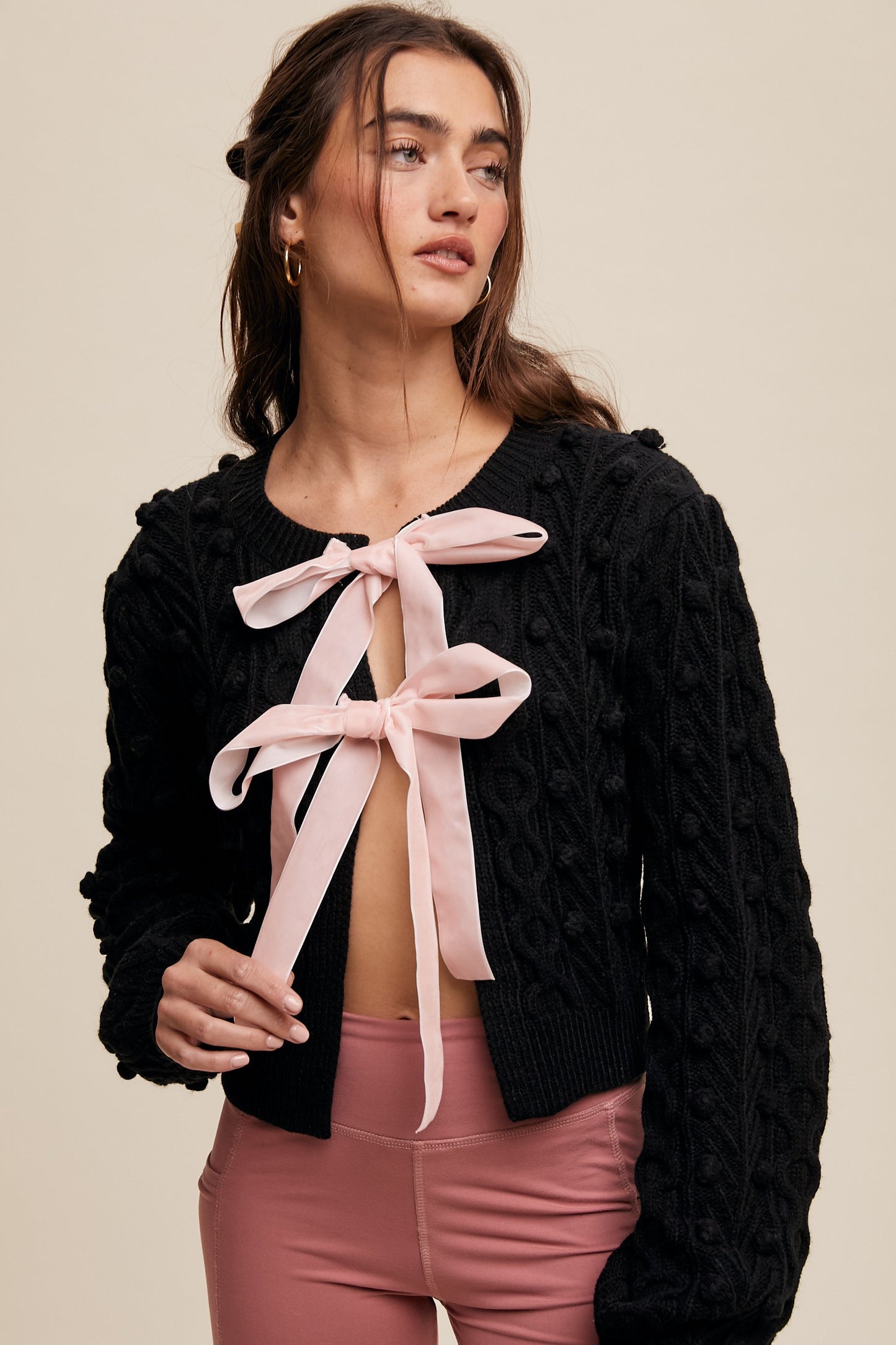 Bow Tie Closure Cable Knit Cardigan - Black