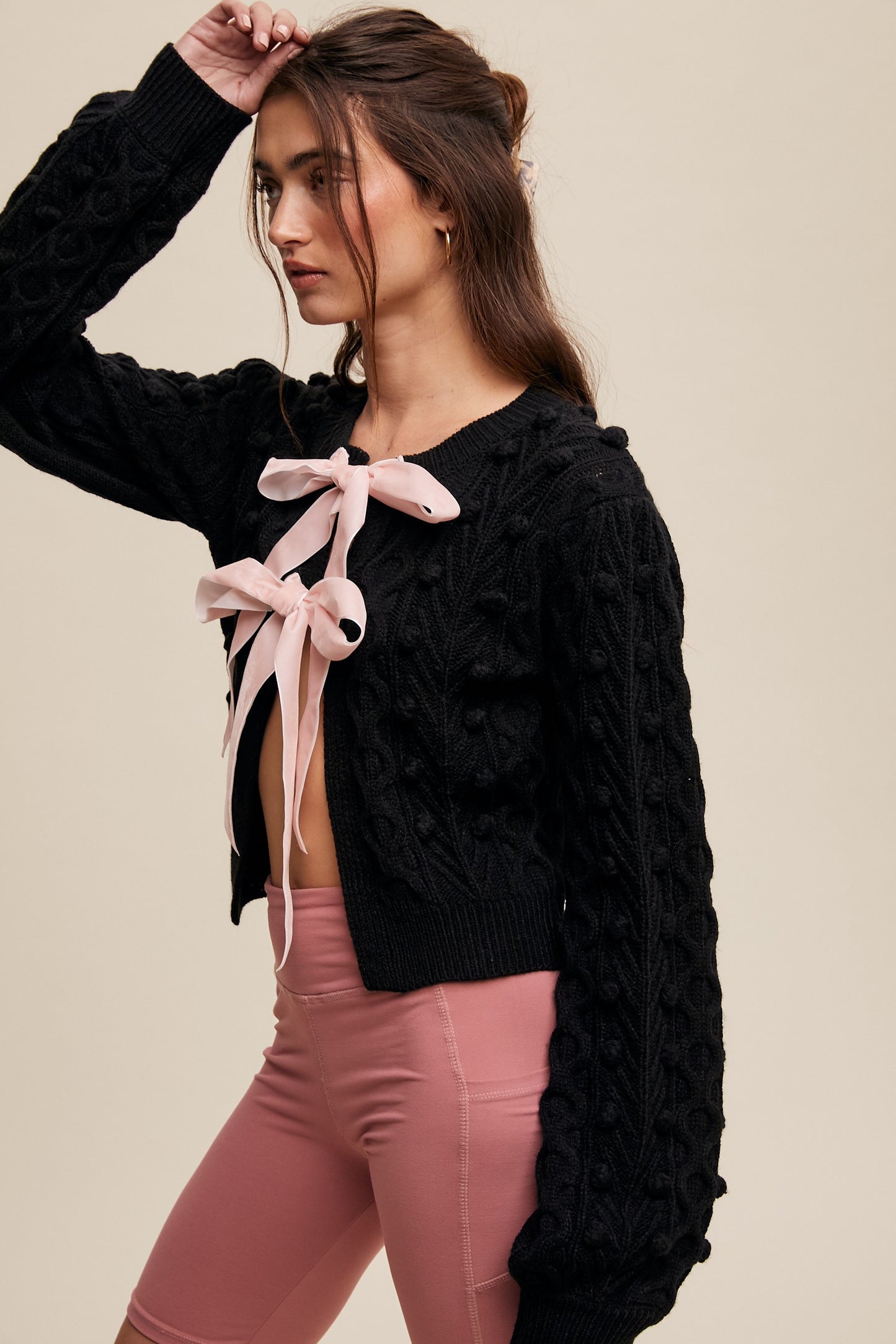 Bow Tie Closure Cable Knit Cardigan - Black