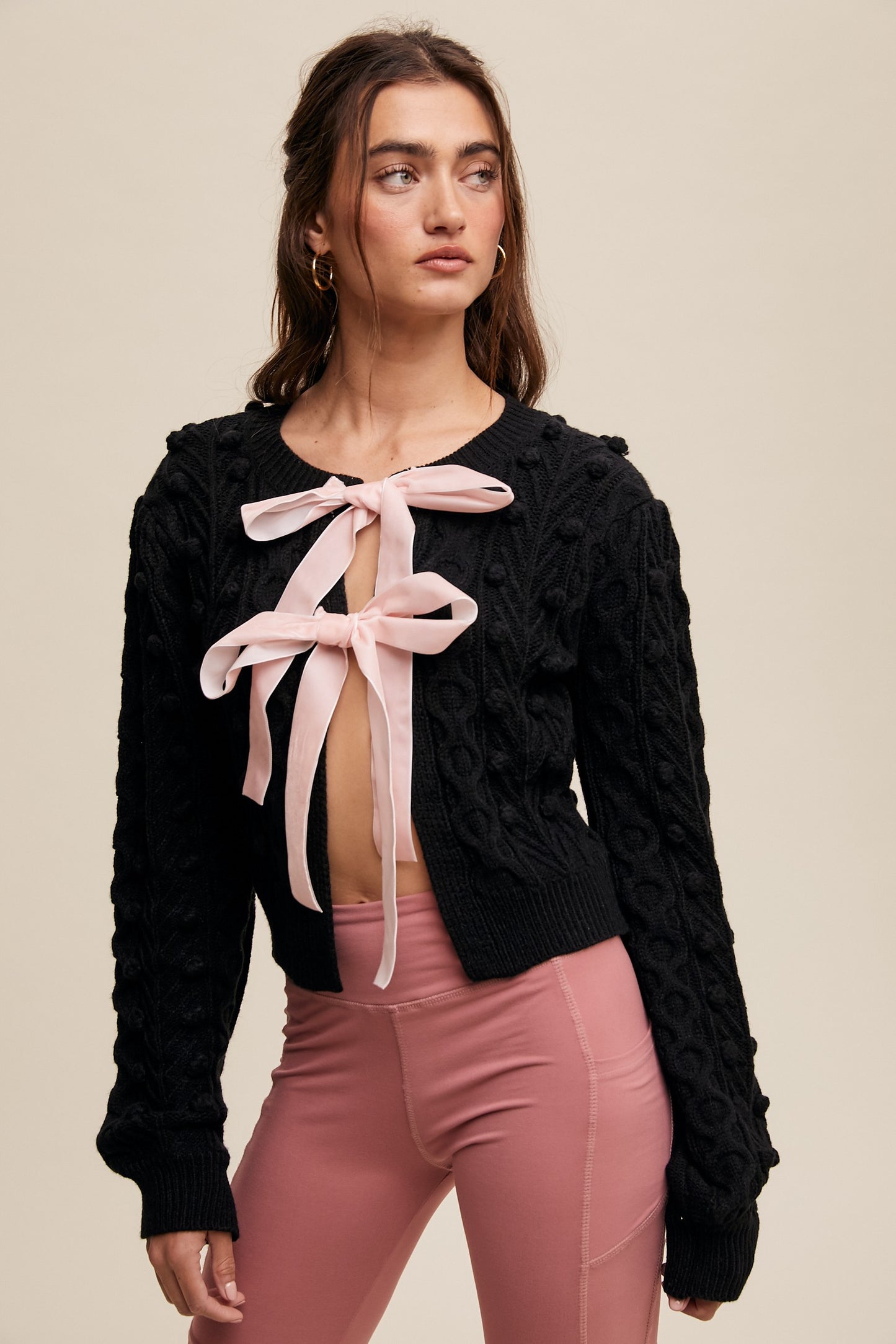 Bow Tie Closure Cable Knit Cardigan - Black