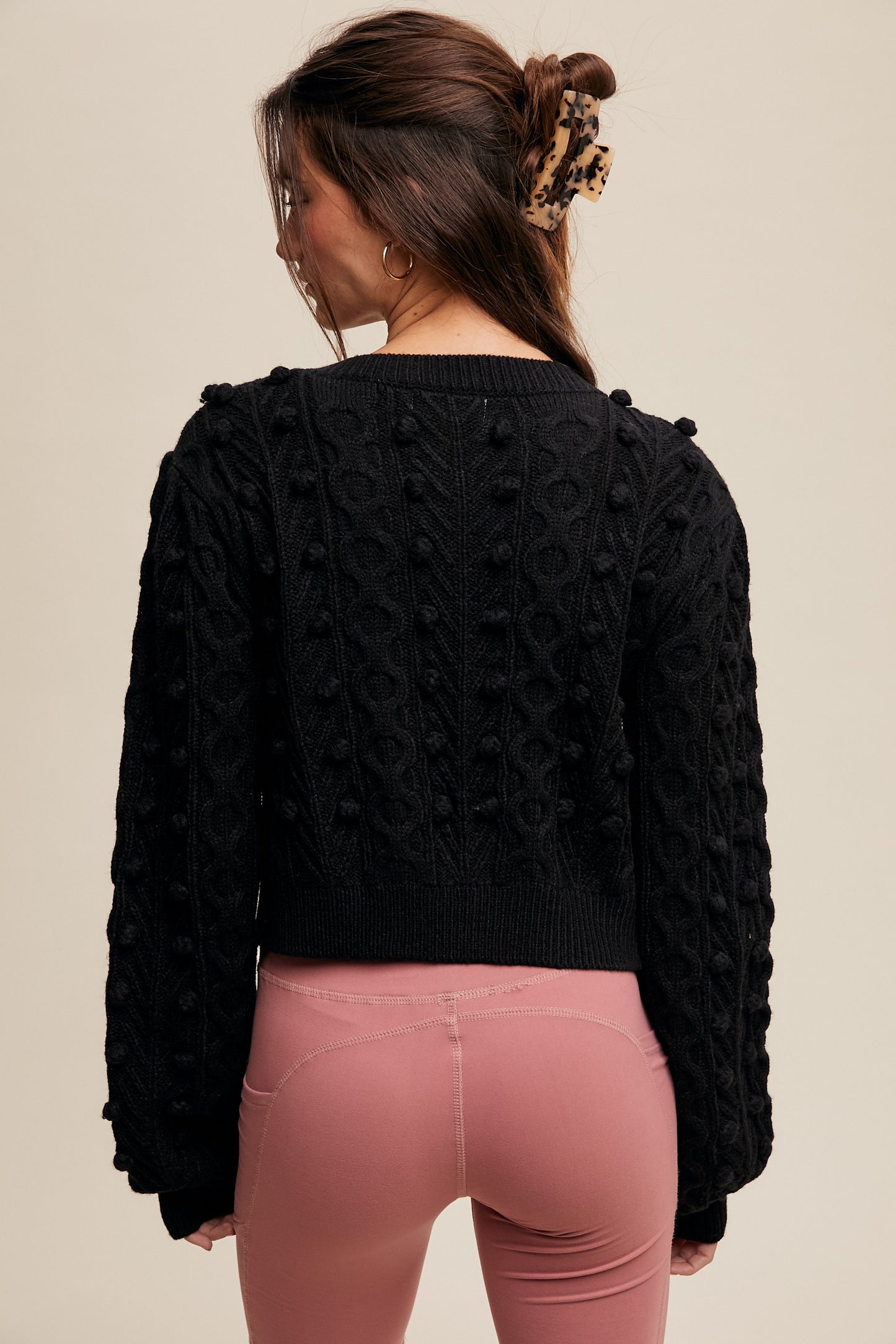 Bow Tie Closure Cable Knit Cardigan - Black