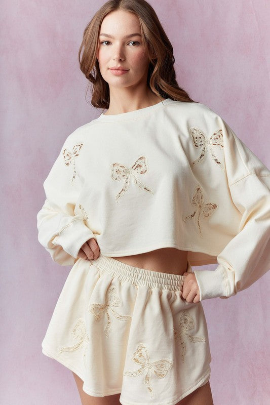 Bow Lace Laser Cut Embellished French Terry Top or Skort