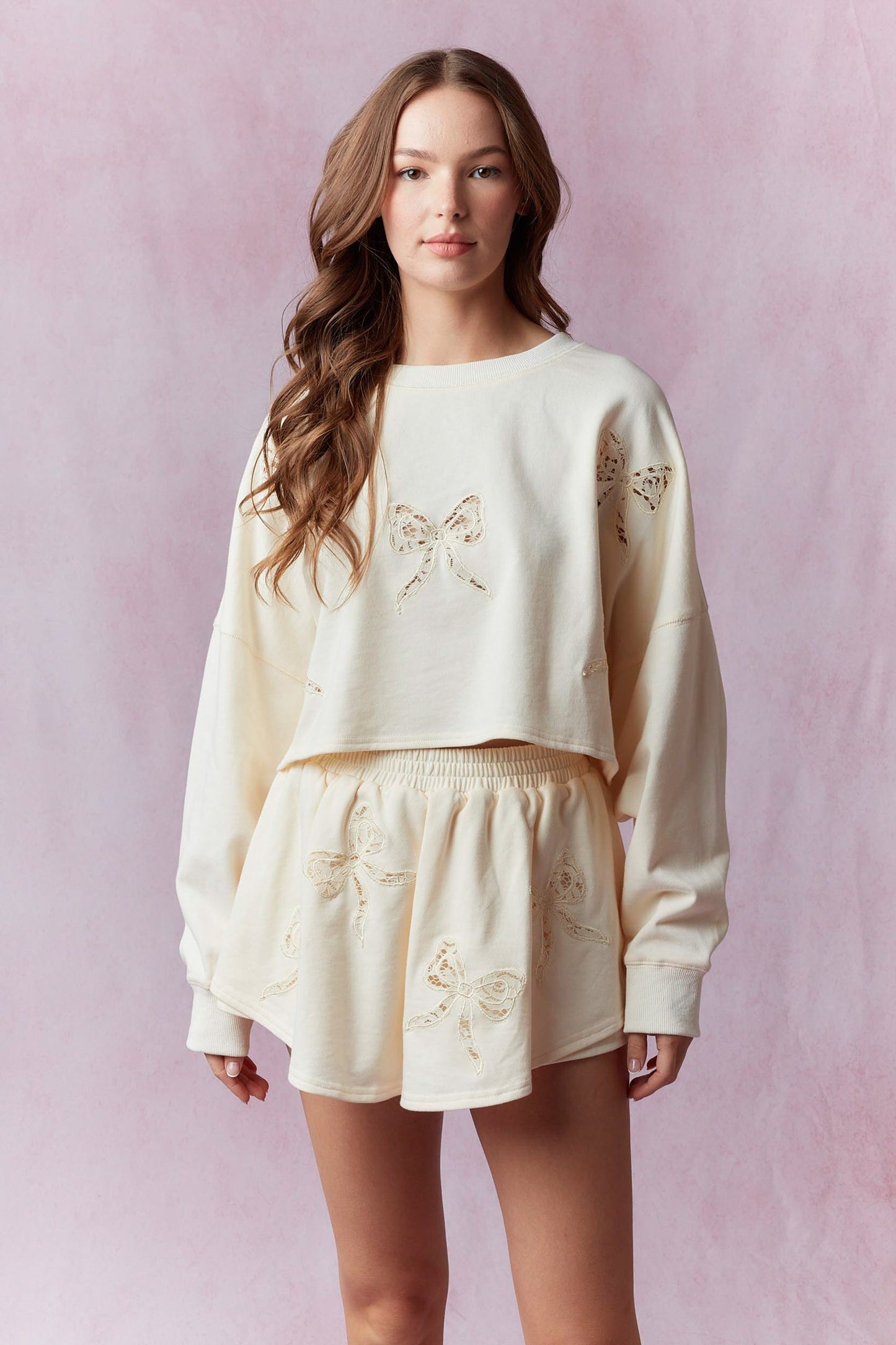 Bow Lace Laser Cut Embellished French Terry Top or Skort