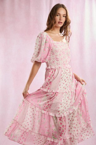 Floral Patchwork Printed Maxi Dress - Pink