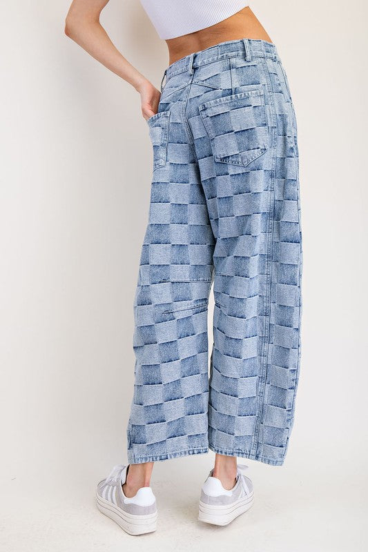 Mineral Washed Checker Print Barrel Jeans