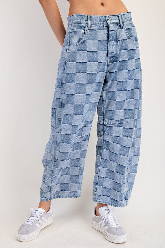 Mineral Washed Checker Print Barrel Jeans