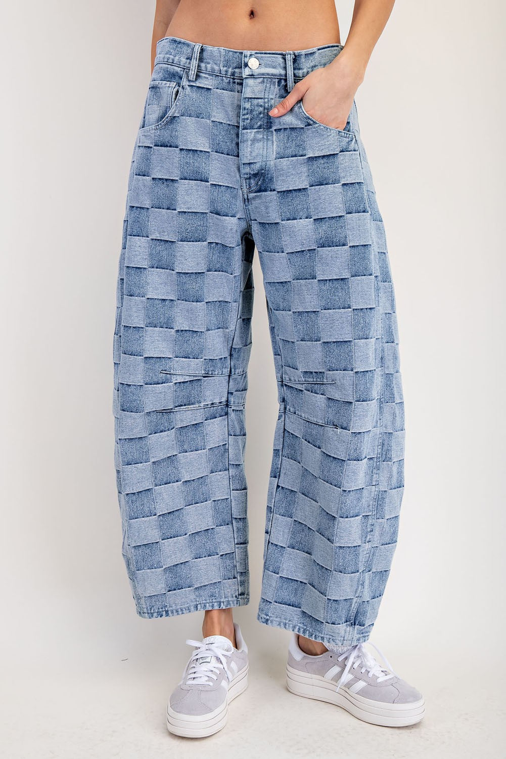Mineral Washed Checker Print Barrel Jeans