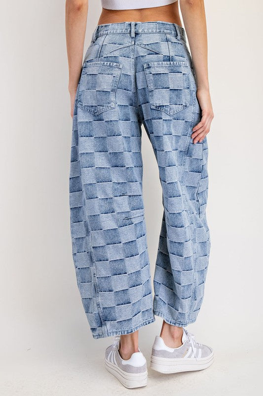 Mineral Washed Checker Print Barrel Jeans