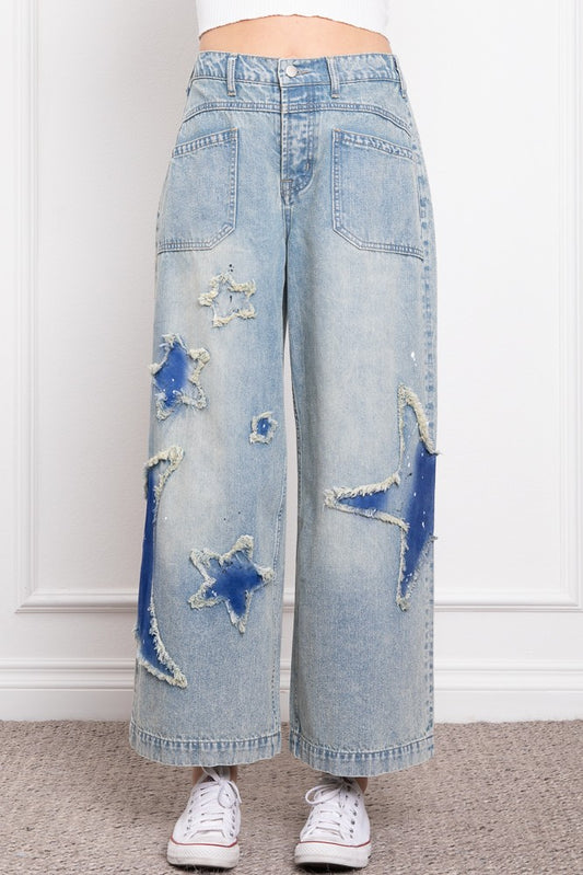 Star And Moon Wide Leg Denim Pants